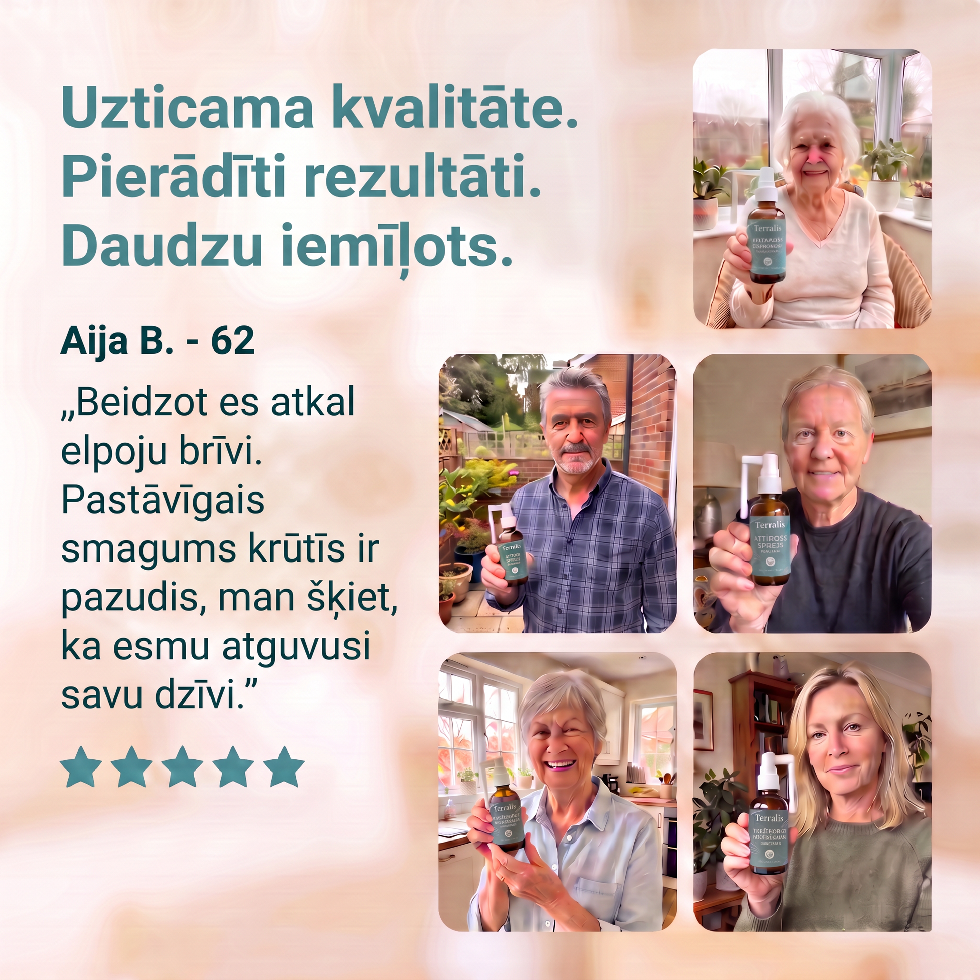 Klientes atsauksme ar piecām zvaigznēm par Terralis attīrošo spreju