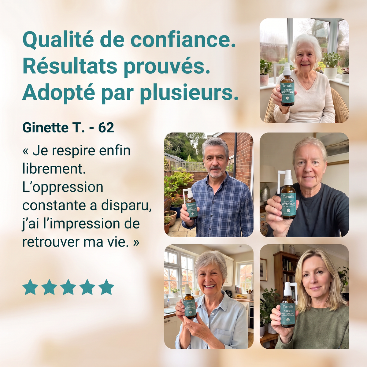 Témoignage client avec cinq étoiles pour le spray nettoyant Terralis