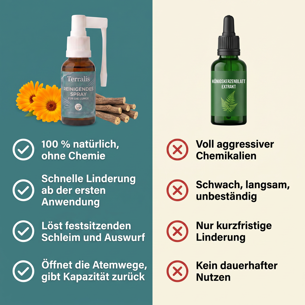 Vergleich zwischen dem Terralis-Spray und einem generischen Königskerzenblatt-Extrakt