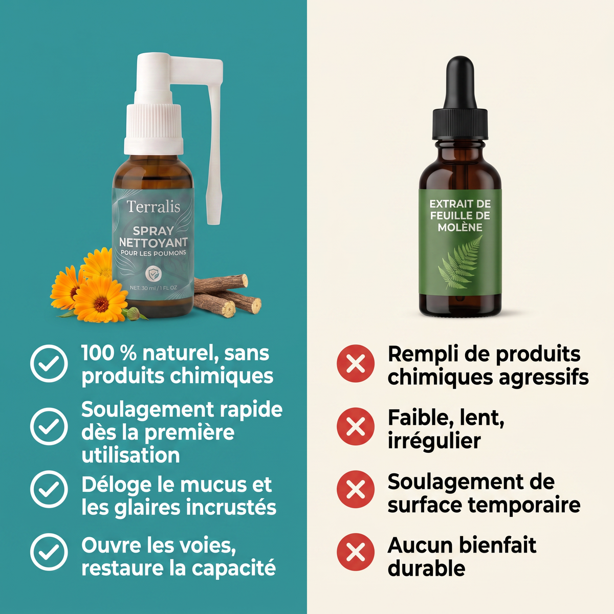 Comparatif entre le spray Terralis et un extrait de feuille de molène générique