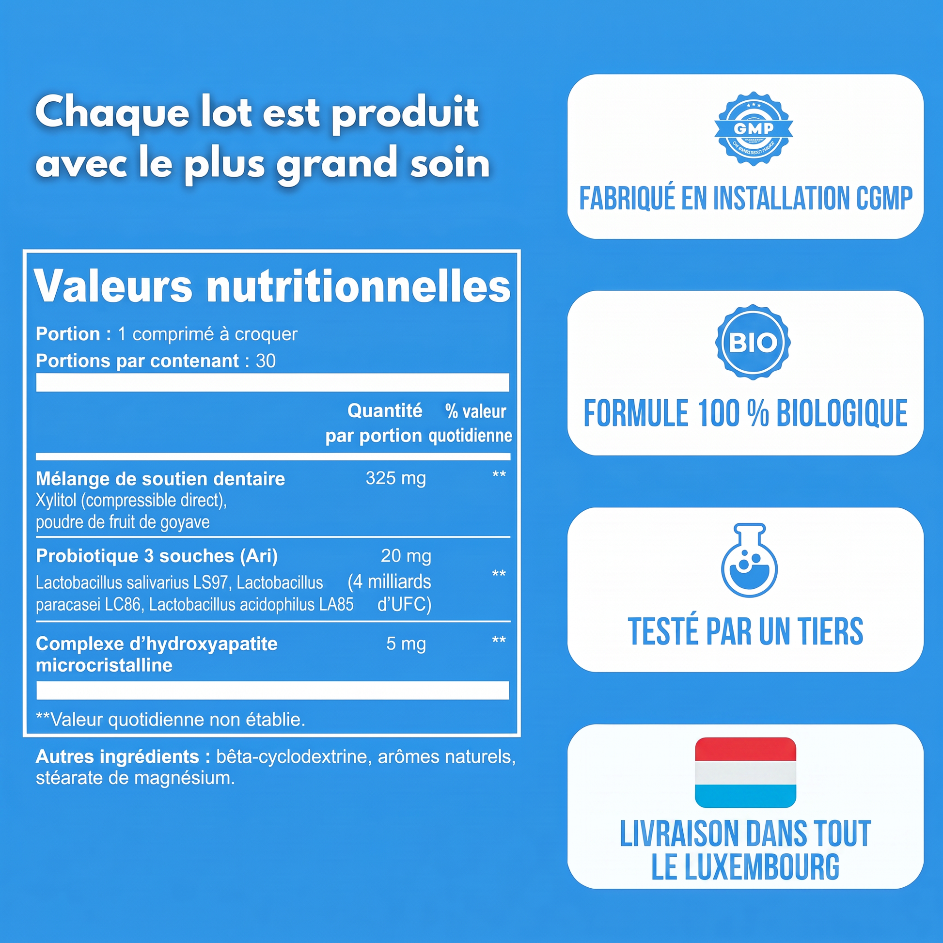 Valeurs nutritionnelles et badges qualité d'Emaline