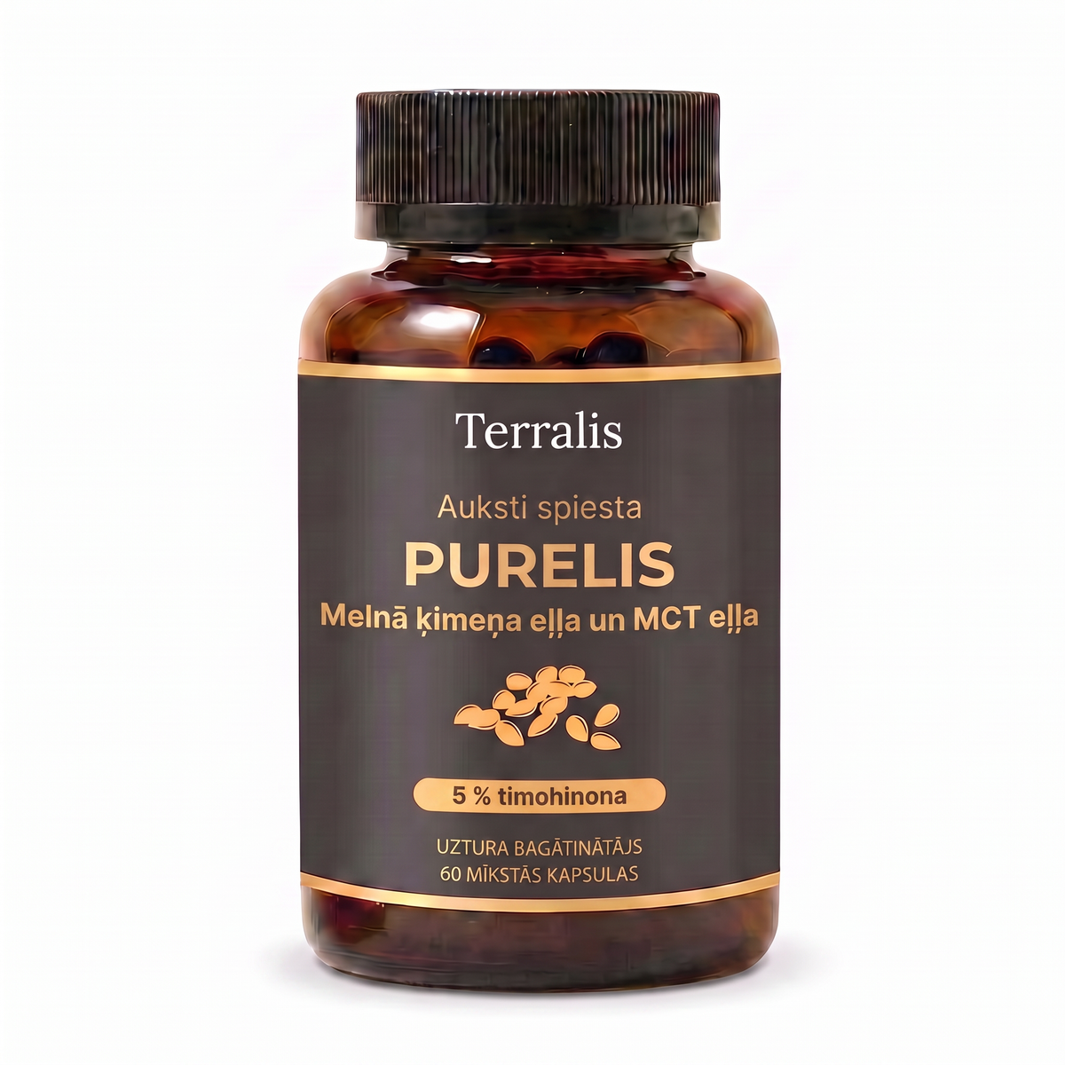 Purelis pudelīte, melnā ķimeņa eļļa ar 5 % timohinona un MCT eļļu