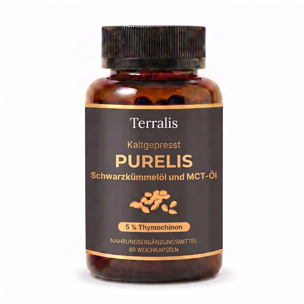 Flasche Purelis, Schwarzkümmelöl mit 5 % Thymochinon und MCT-Öl
