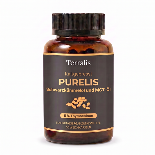 Flasche Purelis, Schwarzkümmelöl mit 5 % Thymochinon und MCT-Öl
