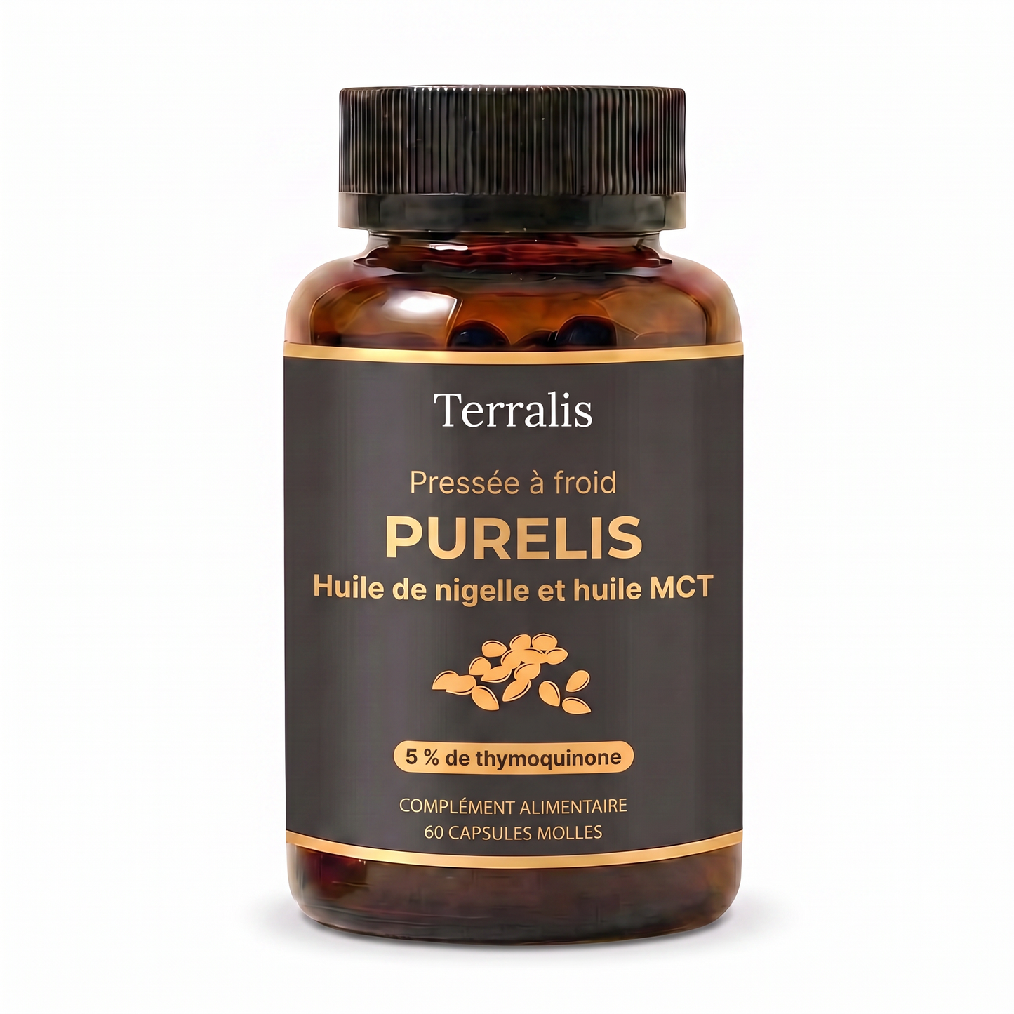 Flacon de Purelis, huile de nigelle à 5 % de thymoquinone avec huile MCT