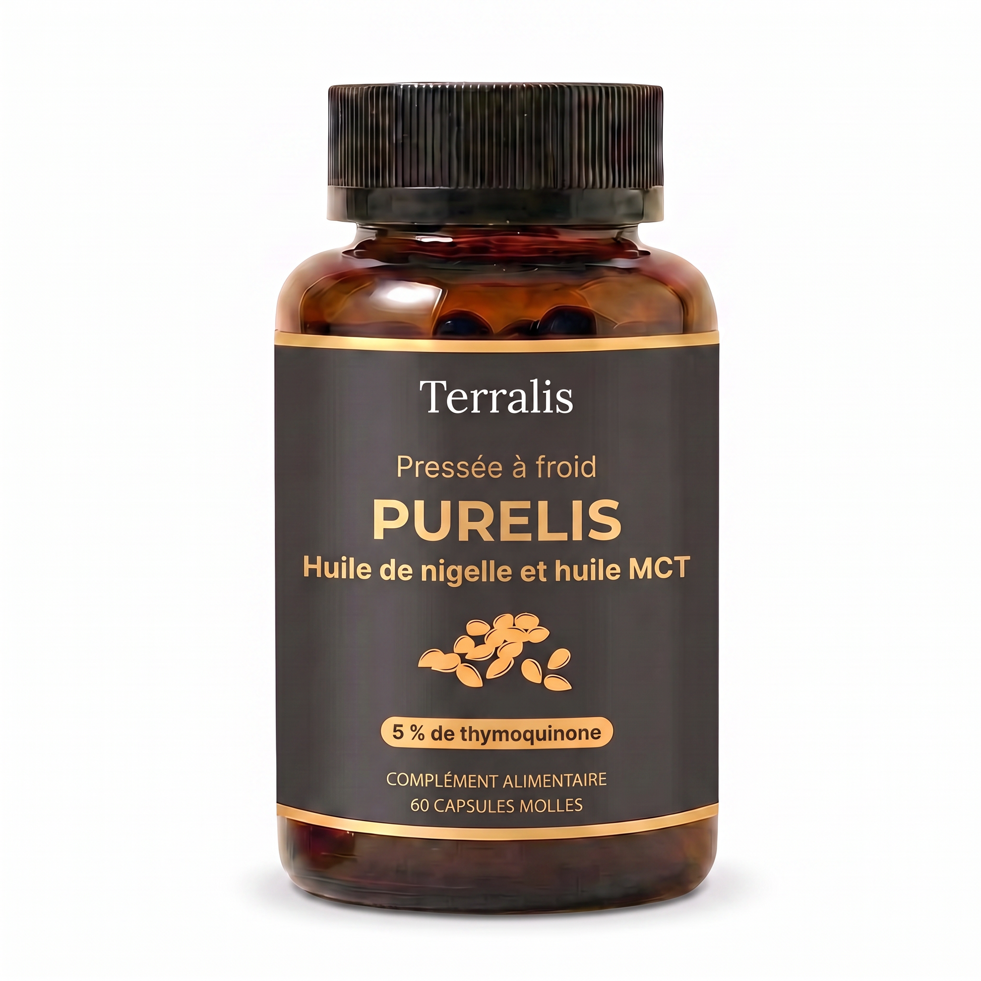 Flacon de Purelis, huile de nigelle à 5 % de thymoquinone avec huile MCT
