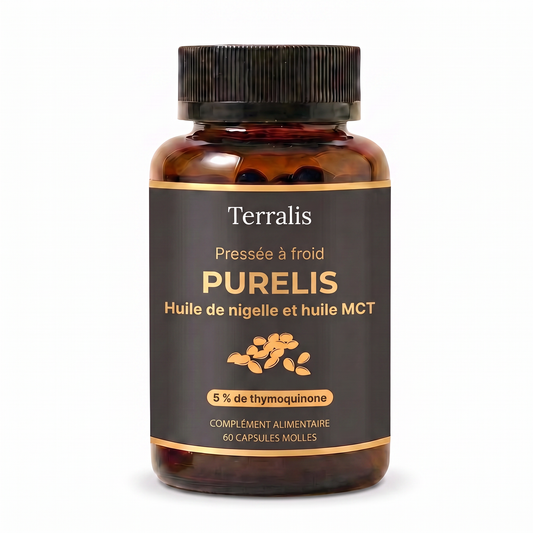 Flacon de Purelis, huile de nigelle à 5 % de thymoquinone avec huile MCT