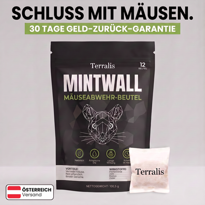 Mäuseabwehr-Beutel Mintwall von Terralis, cremefarbener Beutel und schwarze Packung mit 12 Beuteln
