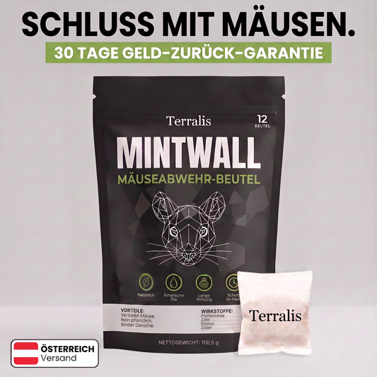 Mäuseabwehr-Beutel Mintwall von Terralis, cremefarbener Beutel und schwarze Packung mit 12 Beuteln