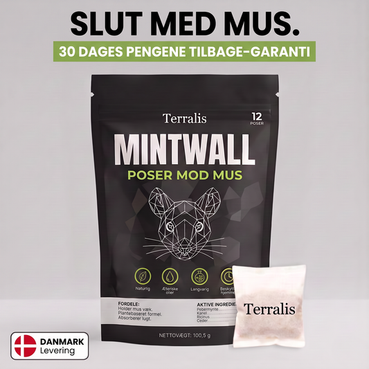 Museafvisende poser Mintwall fra Terralis, cremefarvet pose og sort pakke med 12 poser