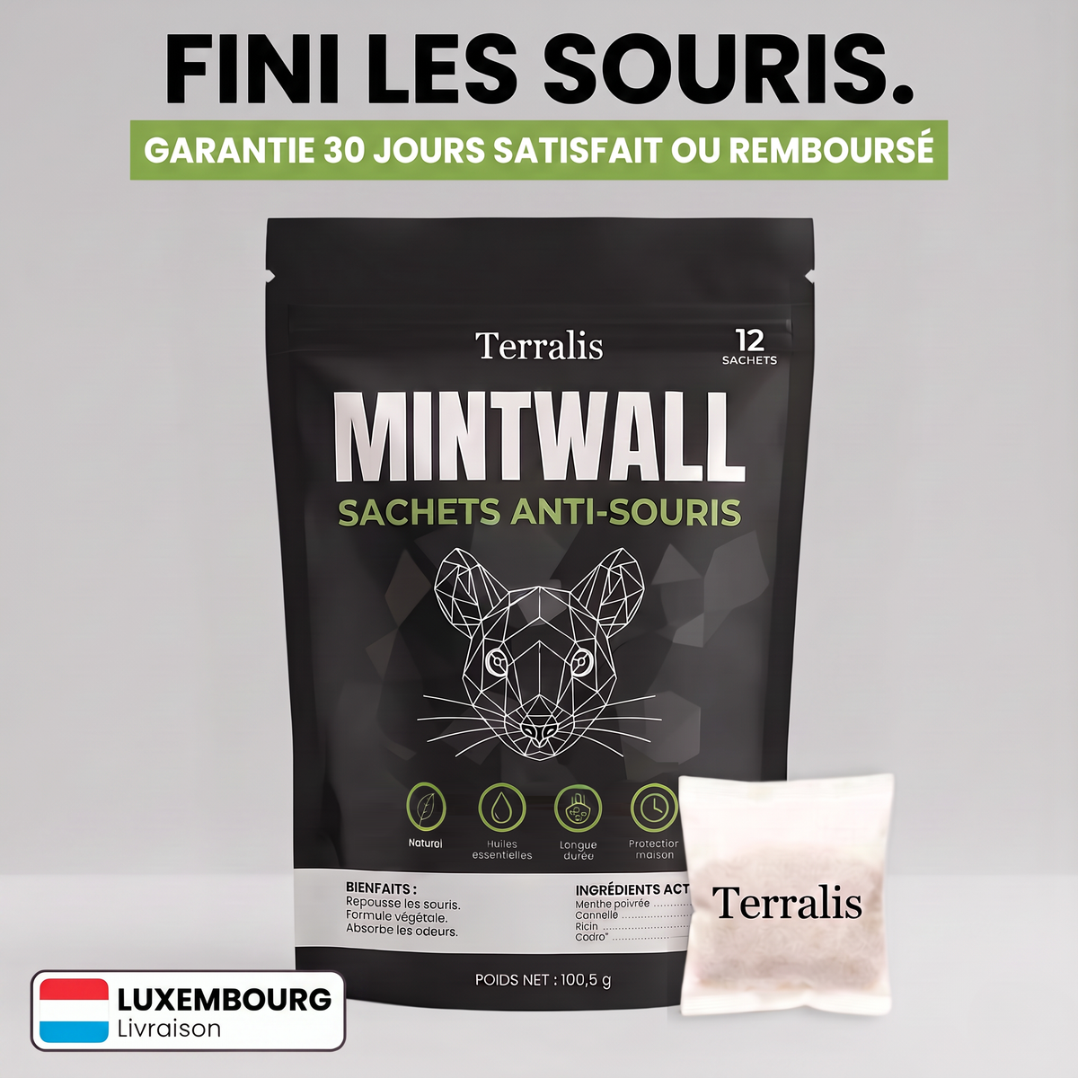 Sachets anti-souris Mintwall de Terralis, sachet écru et sac noir de 12 sachets
