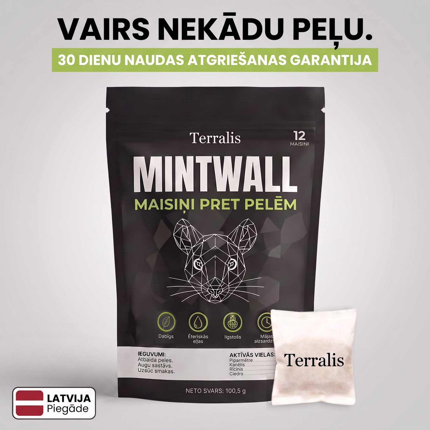 Peļu atbaidīšanas maisīņi Mintwall no Terralis, krēmkrāsas maisīņš un melna paka ar 12 maisīņiem