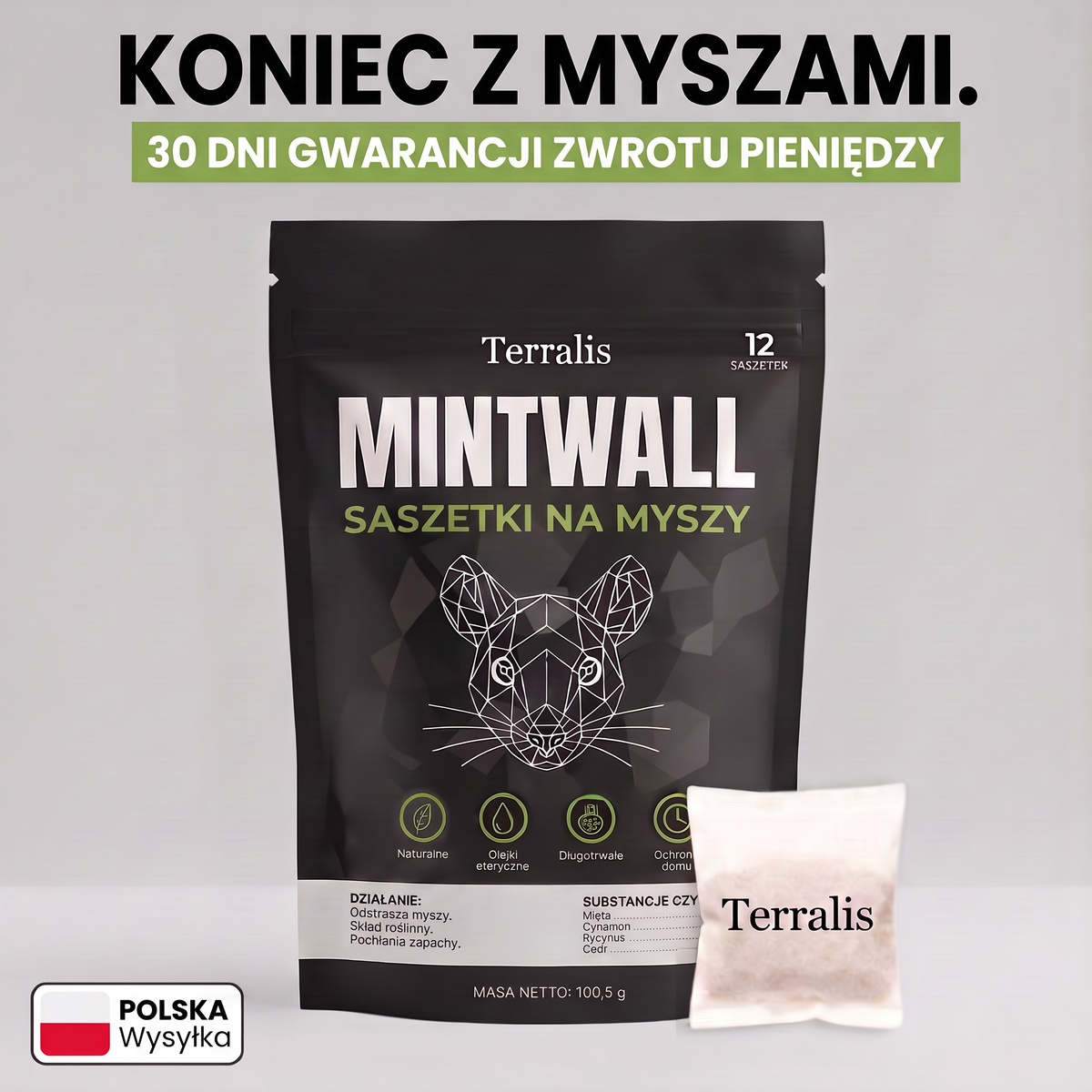 Saszetki na myszy Mintwall od Terralis, kremowa saszetka i czarna paczka z 12 saszetkami