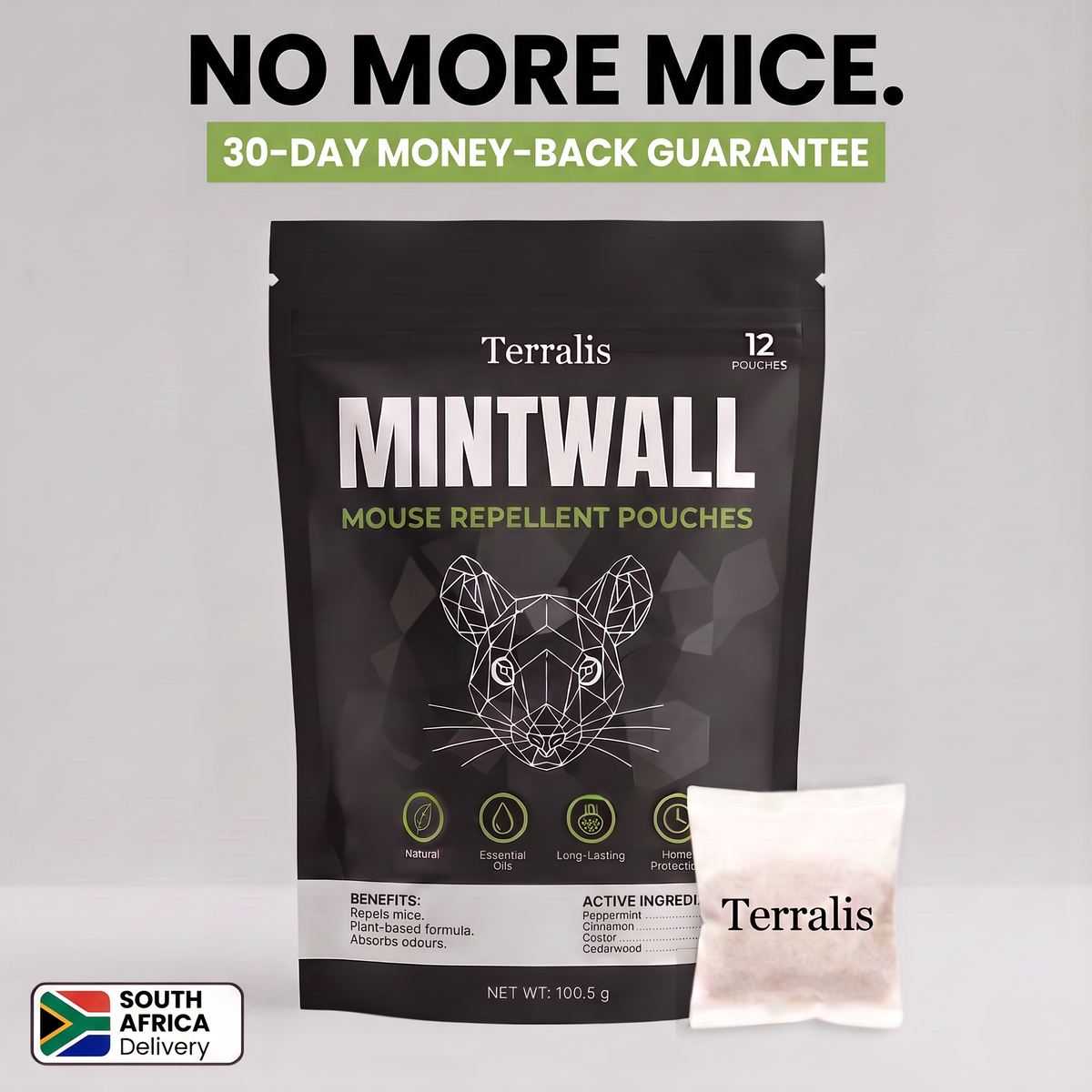 Mintwall mouse repellent pouches by Terralis, cream pouch and black pack of 12 pouches