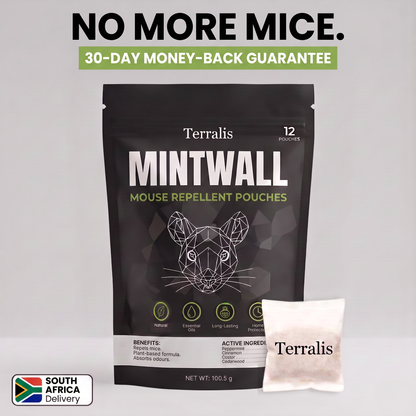 Mintwall mouse repellent pouches by Terralis, cream pouch and black pack of 12 pouches